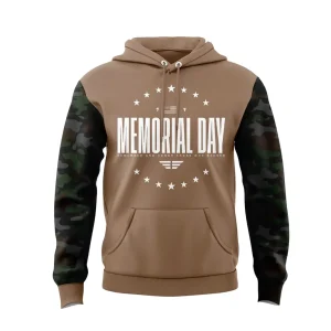 Front of a tan hoodie with camo sleeves and a "Memorial Day Remember and Honor Those Who Served" graphic with stars and a flag.