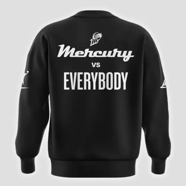 Back of the black 2025 WNBA Finals sweatshirt with "Mercury vs EVERYBODY" printed in large white letters below the team logo.