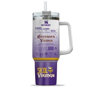 The back of the Minnesota Vikings tumbler with a fun "100% Element" design, including team slogans like LOYAL, PROUD, and SKOL.
