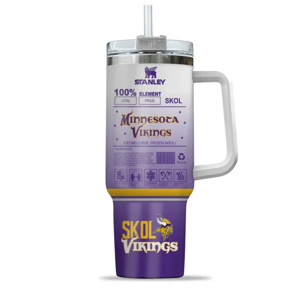 The back of the Minnesota Vikings tumbler with a fun "100% Element" design, including team slogans like LOYAL, PROUD, and SKOL.