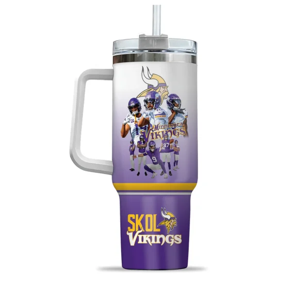 The front of a Minnesota Vikings 40oz tumbler featuring a collage of several football players in uniform and the SKOL VIKINGS logo at the bottom.
