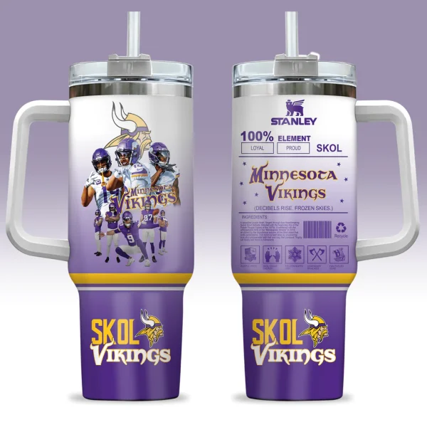 A front and back view of the Minnesota Vikings 40oz tumbler, showing player graphics on one side and a creative team facts design on the other.