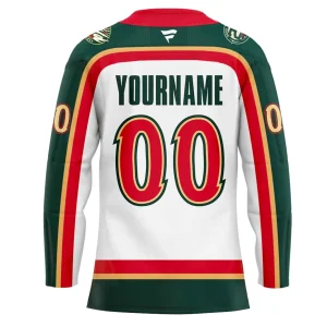 Back of the customizable Minnesota Wild hockey jersey showing the placeholder for YOURNAME and number 00 in red with green and gold trim.