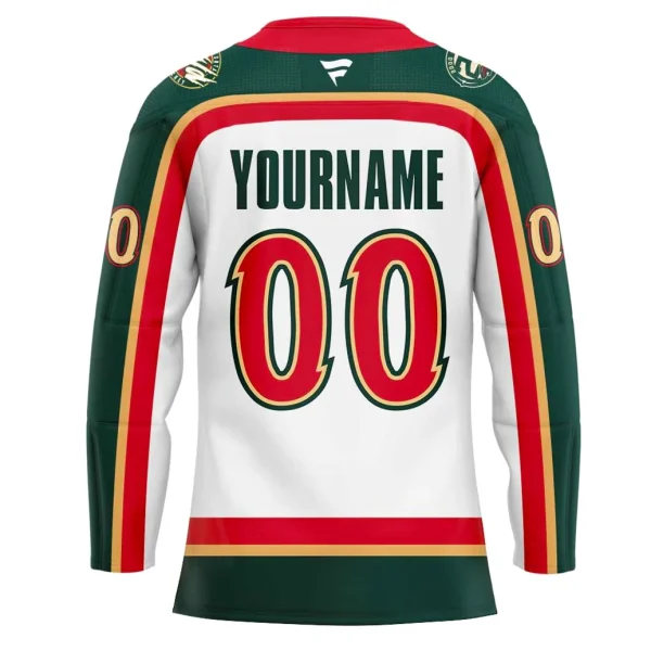 Back of the customizable Minnesota Wild hockey jersey showing the placeholder for YOURNAME and number 00 in red with green and gold trim.
