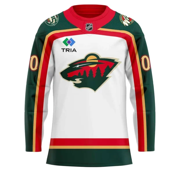 Front of the white Minnesota Wild 25th Anniversary jersey, featuring the team crest, green sleeves, and 25th anniversary shoulder patch.