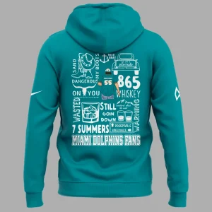 Back of the teal Morgan Wallen x Miami Dolphins tour hoodie, featuring a large graphic collage of song titles and fan text.