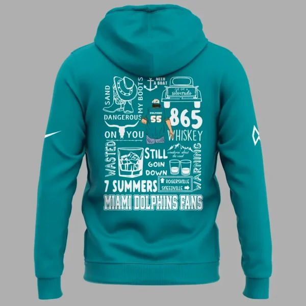 Back of the teal Morgan Wallen x Miami Dolphins tour hoodie, featuring a large graphic collage of song titles and fan text.