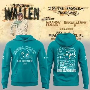 A teal Morgan Wallen x Miami Dolphins tour hoodie shown from the front and back, with concert details in the background.