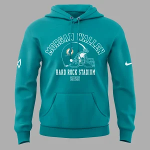 Front of the teal Morgan Wallen x Miami Dolphins tour hoodie, showing the team helmet logo and "Hard Rock Stadium 2025" text.