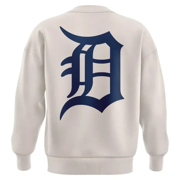 Back of the off-white Detroit Tiger sweatshirt featuring a large, bold navy blue Old English 'D' logo centered on the back.