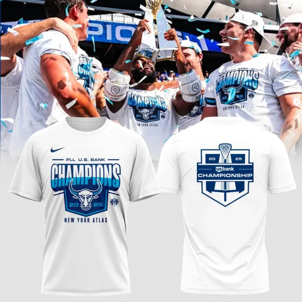 Front and back view of the white New York Atlas 2025 PLL Champions t-shirt with celebrating players in the background.