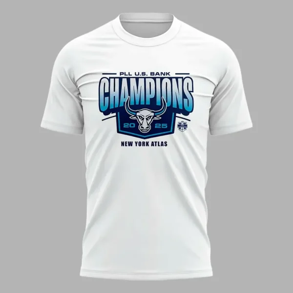 Back of the New York Atlas champions t-shirt showing the team's alternate logo, a stylized blue letter N with bull horns.