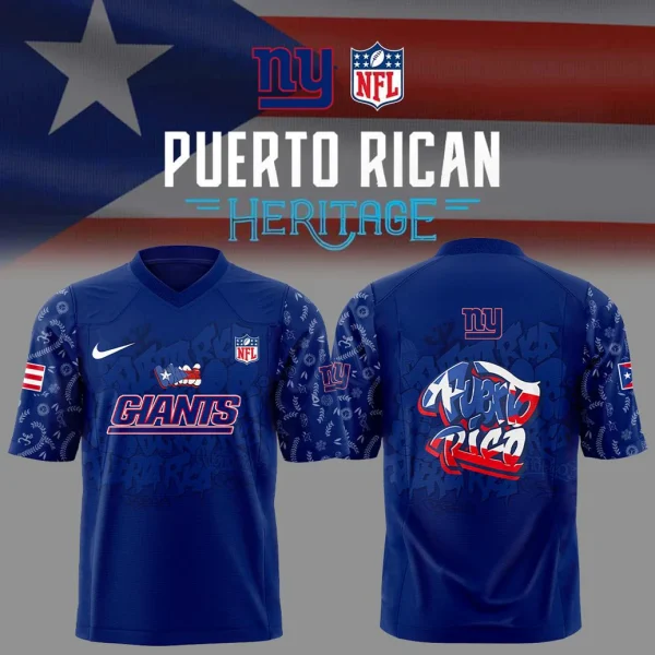 Front and back view of the New York Giants Puerto Rican Heritage football jersey against a Puerto Rican flag background.