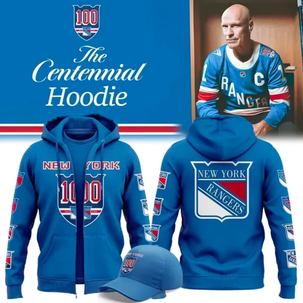 Front and back views of the New York Rangers Centennial zip-up hoodie in blue, featuring the 100th anniversary crest.