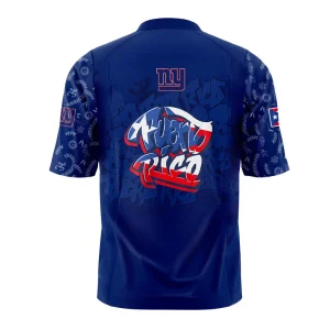 A back view of the New York Giants Puerto Rican Heritage football jersey, featuring a large "Puerto Rico" graffiti graphic.