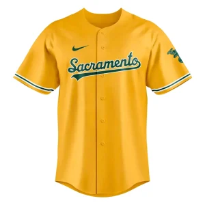 Front of the yellow Oakland Athletics 2026 Sacramento jersey featuring the green "Sacramento" script and Nike swoosh logo.