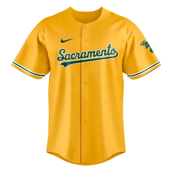 Front of the yellow Oakland Athletics 2026 Sacramento jersey featuring the green "Sacramento" script and Nike swoosh logo.
