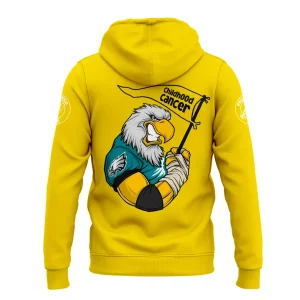 Back of the yellow Philadelphia Eagles hoodie featuring a cartoon eagle mascot holding a Childhood Cancer awareness flag.