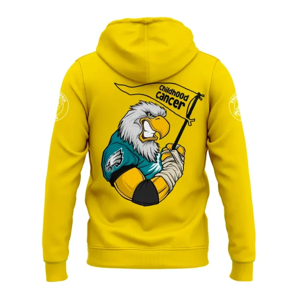 Back of the yellow Philadelphia Eagles hoodie featuring a cartoon eagle mascot holding a Childhood Cancer awareness flag.