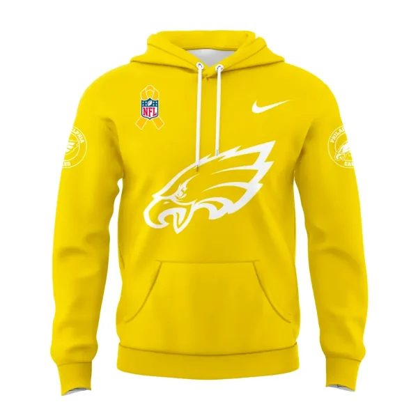 Front of the yellow Philadelphia Eagles hoodie showing the large team logo on the chest and an NFL awareness ribbon patch.
