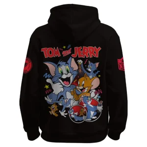 Back of the Philadelphia Eagles x Tom and Jerry hoodie featuring a large, colorful graphic of the cartoon characters.