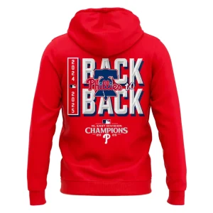 Back of a red hoodie with a "Back to Back" graphic celebrating the Philadelphia Phillies 2024 and 2025 NL East championships.