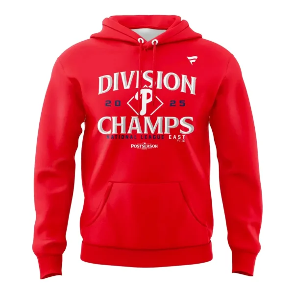 Front of a red hoodie with text reading "Division Champs 2025 National League East" and the Philadelphia Phillies P logo.