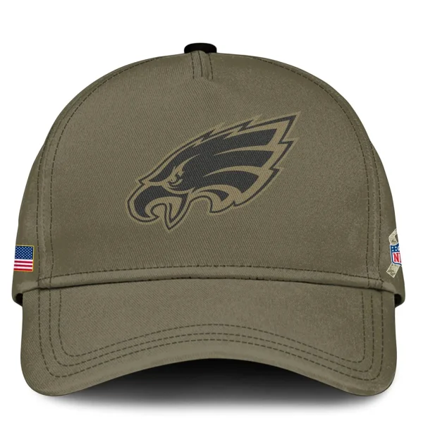 Olive green cap with subdued team logo on the crown and patriotic and NFL salute ribbon patches on the sides.