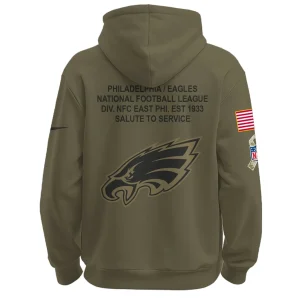 Back view of olive green hoodie featuring printed team text across the shoulders and a large subdued team logo on the lower back, plus sleeve patches.
