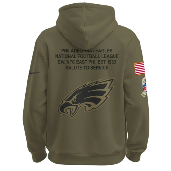 Back view of olive green hoodie featuring printed team text across the shoulders and a large subdued team logo on the lower back, plus sleeve patches.