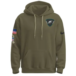 Front view of olive green Salute To Service hoodie with drawstring hood, chest team shield logo, American flag and NFL ribbon patches on the sleeve and swoosh on the arm.