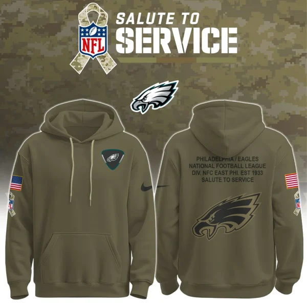 Olive green Salute To Service veteran day hoodie hero image showing front and back views with military camo background, patriotic patches and team insignia.