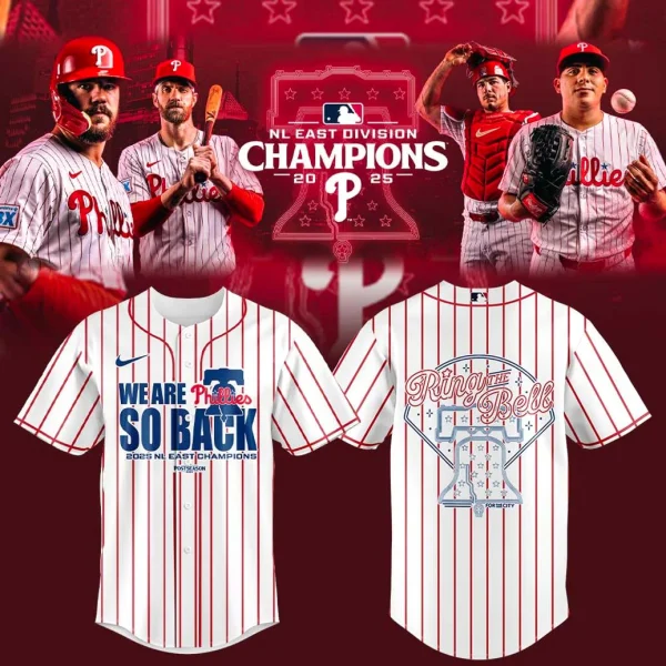 Promo image featuring Phillies players and the front and back of the 2025 NL East Champions "Ring The Bell" baseball jersey.