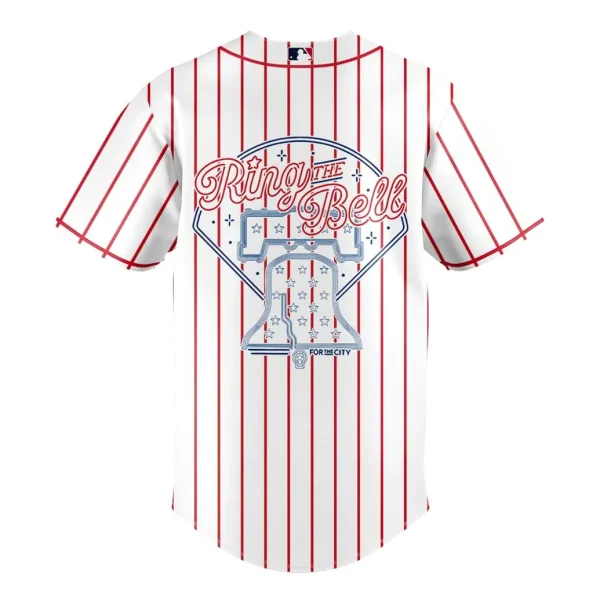 Back view of the Phillies 2025 NL East Champions pinstripe jersey featuring a "Ring the Bell" and Liberty Bell graphic.