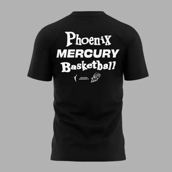 Back of the Phoenix Mercury black t-shirt featuring the text "Phoenix Mercury Basketball" in white with two small logos below.