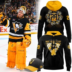Marc-Andre Fleury on ice with the front and back views of a limited edition hoodie and a matching cap.