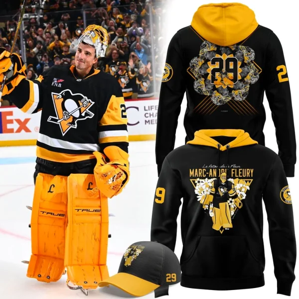 Marc-Andre Fleury on ice with the front and back views of a limited edition hoodie and a matching cap.