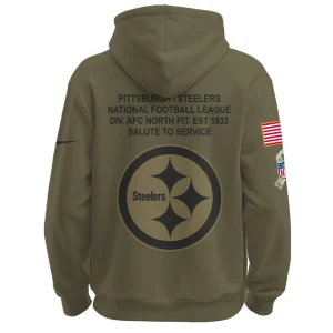 Back of the olive green Pittsburgh Steelers hoodie featuring a large team logo and "Salute to Service" text printed above it.