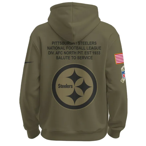 Back of the olive green Pittsburgh Steelers hoodie featuring a large team logo and "Salute to Service" text printed above it.
