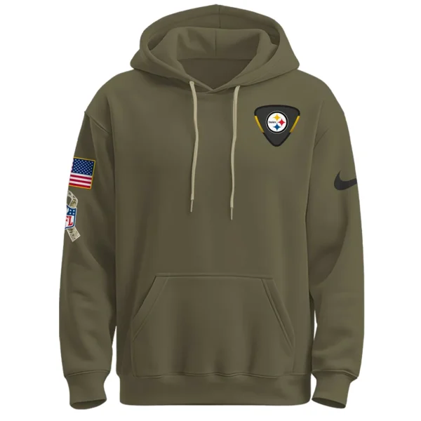 Front of the olive green Pittsburgh Steelers hoodie with team logo on the chest, American flag and NFL Salute to Service patches on sleeve.