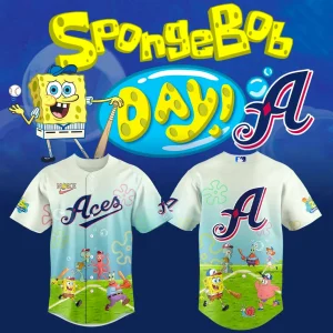 Front and back views of the Reno Aces SpongeBob jersey, featured in a promotional image for SpongeBob Day with characters.