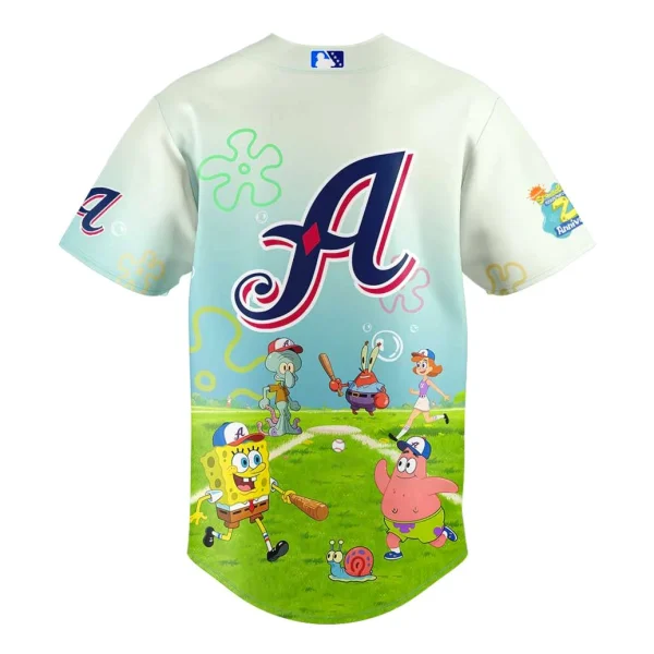 A close-up back view of the Reno Aces SpongeBob jersey showing the large 'A' logo over a scene of the characters playing ball.
