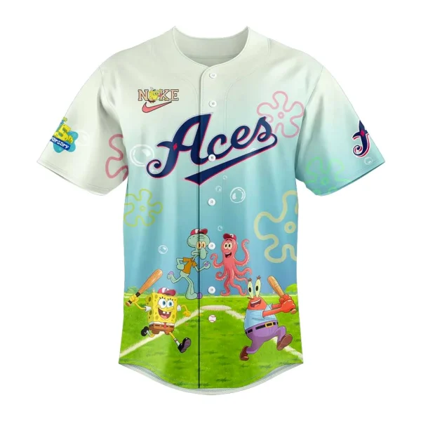 A close-up front view of the Reno Aces SpongeBob jersey showing the 'Aces' script logo and characters playing baseball.
