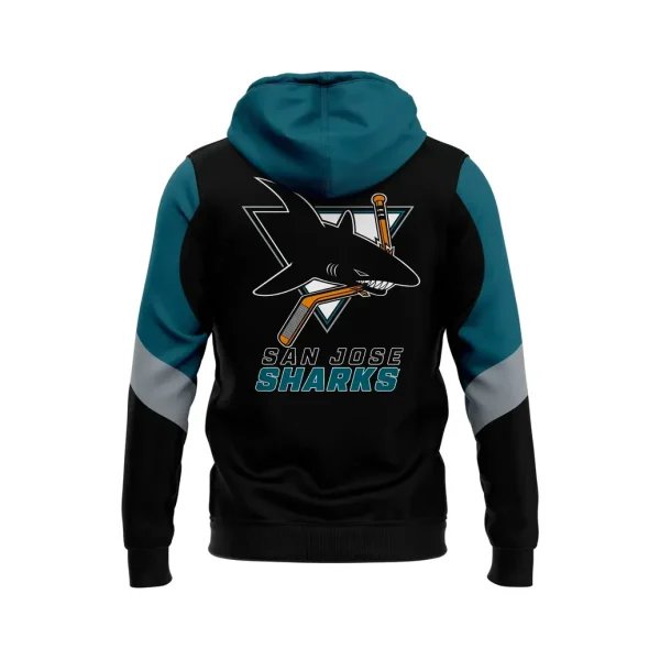 Back of the San Jose Sharks Fanatics Heritage hoodie, featuring the classic team logo and wordmark on a black panel.