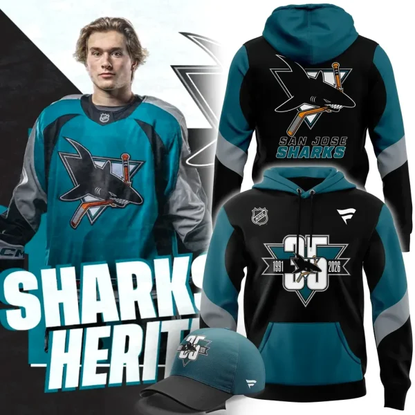 San Jose Sharks player in heritage jersey next to the Fanatics Heritage hoodie and matching cap.