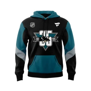 Front of the San Jose Sharks Fanatics Heritage hoodie, showing the 35th anniversary logo, teal pocket, and color-blocked sleeves.