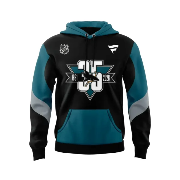 Front of the San Jose Sharks Fanatics Heritage hoodie, showing the 35th anniversary logo, teal pocket, and color-blocked sleeves.