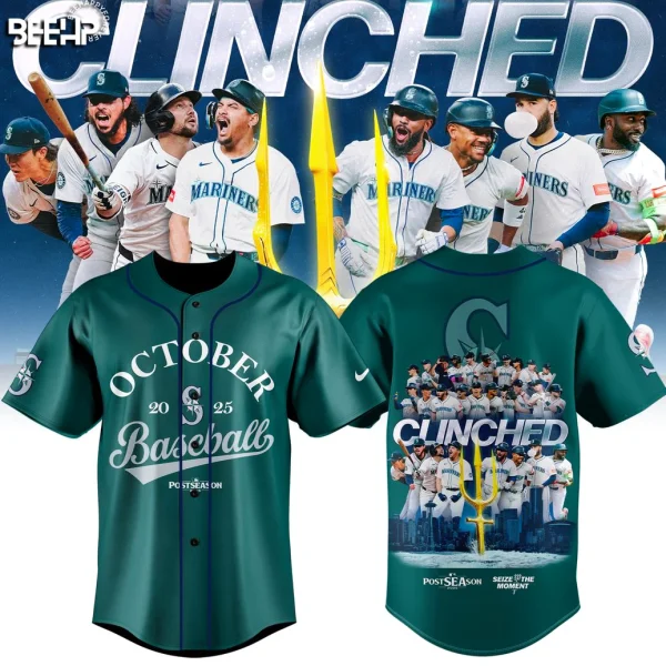 Front and back views of a teal Seattle Mariners baseball jersey celebrating the October 2025 Postseason with team graphics.