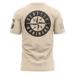 The back of the tan t-shirt featuring the black Seattle Mariners compass logo printed in the center.