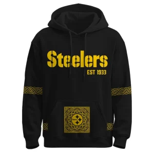 Front of the black Steelers Ireland Heritage hoodie with yellow "Steelers EST 1933" text and Celtic knot details.